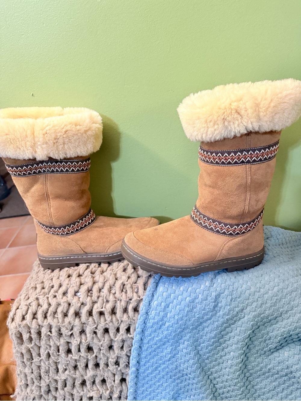UGG Chestnut Tan Shearling-Trim Suede Moccasin Boots